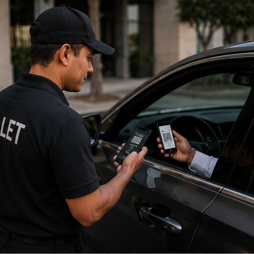 Valet attendant at a car window holding a phone while the guest scans the code with their own phone