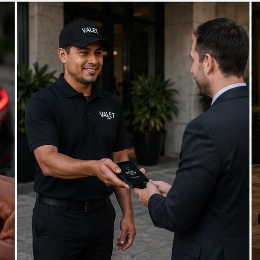 Valet attendant handing car keys back to a guest outside a building entrance